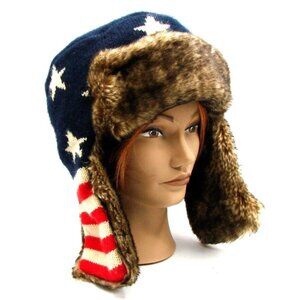 Trapper Bomber Hat Winter Essencial Caps Faux Fur Knit American Flag Stars Unise